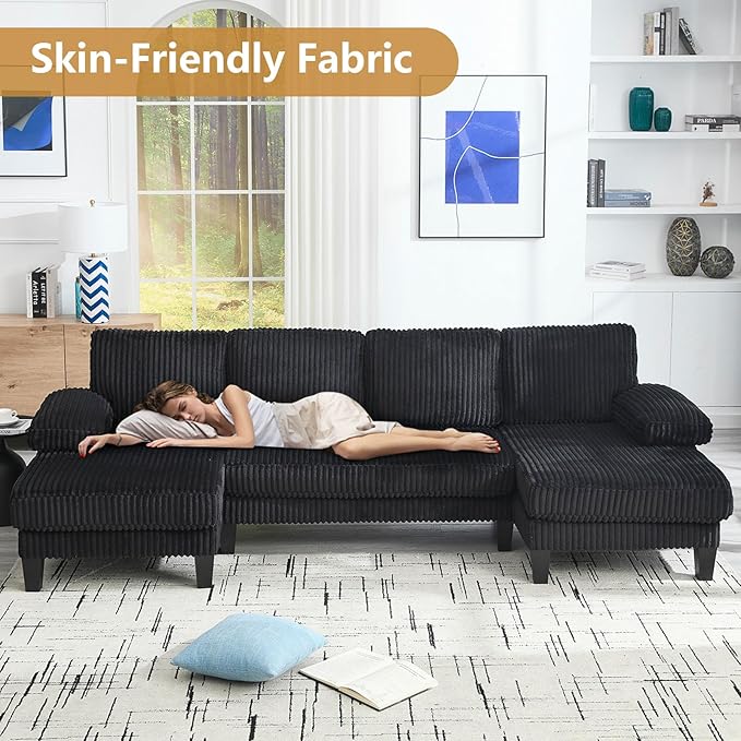 114.2” W Corduroy Sectional Sofa for Living Room U-Shaped Couch with Double Chaises and Comfortable Backrest Modern 4-Seater Deep Cloud Sofa (Black)
