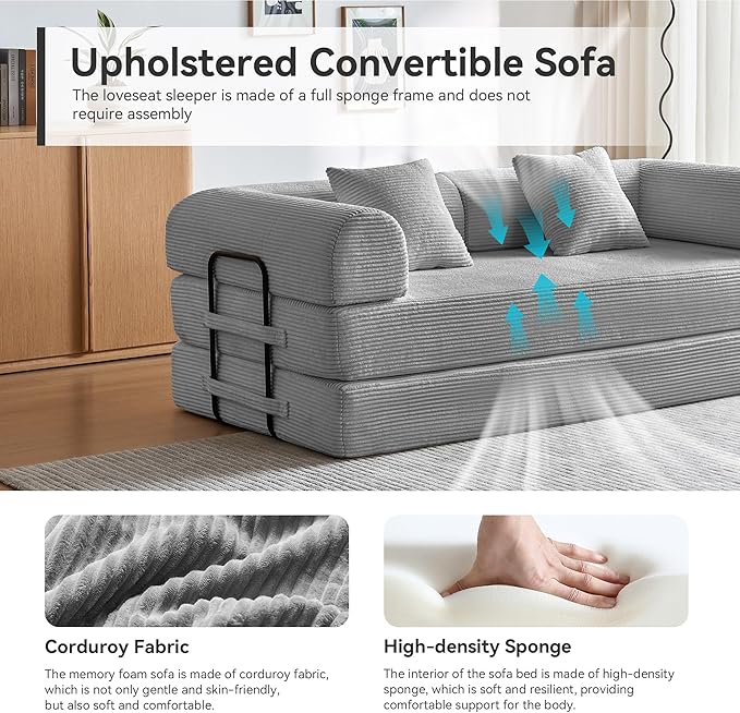 Convertible Sleeper Sofa Bed Sleeper Sofa with Pillow | Corduroy Fabric | High-Density Sponge | Fixed-Shape Frame Modular Sofa Bed for Living Room Lounge Studio (Light Grey)