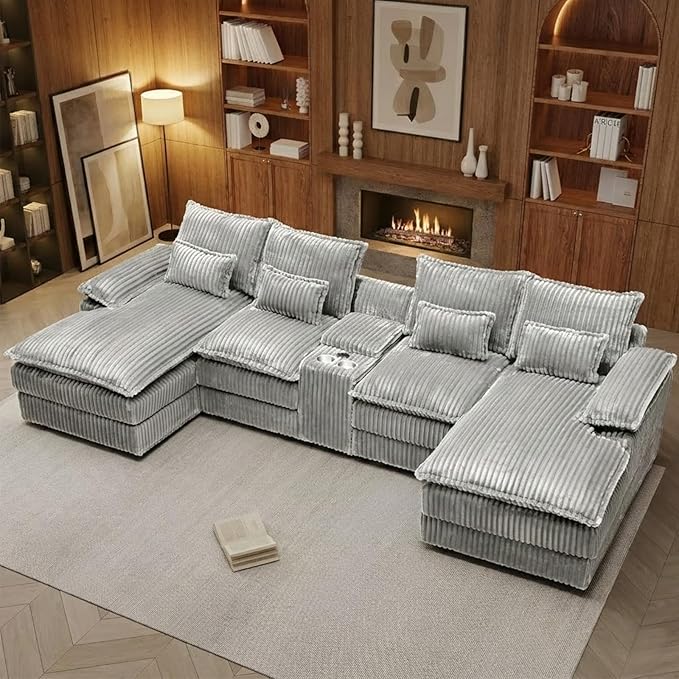 124.8'' U Shaped Cloud Couch Sectional Modular Sectional Couches with Deep Seat Comfy Fluffy Plush Corduroy 5-Seat Sofa with Storage Console Cup Holders &amp USB Charging for Living Room(Light Gra