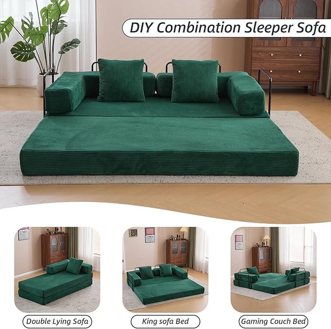 Folding Sofa Bed Convertible Sleeper Corduroy Floor Couch with Pillows Fold Out Couch King Size Bed Futon Couchs Foldable Memory Foam Mattress for Living Room Bedroom Playroom (Dark Green)