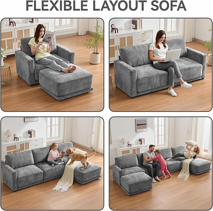 143.8 Modular Sectional Sofa with 2 Ottomans Upholstered U Shaped Sectional Couch with Thick Cushions Oversized Chenille Comfy 6 Seater Sofas for Living Room Easy Assembly Grey