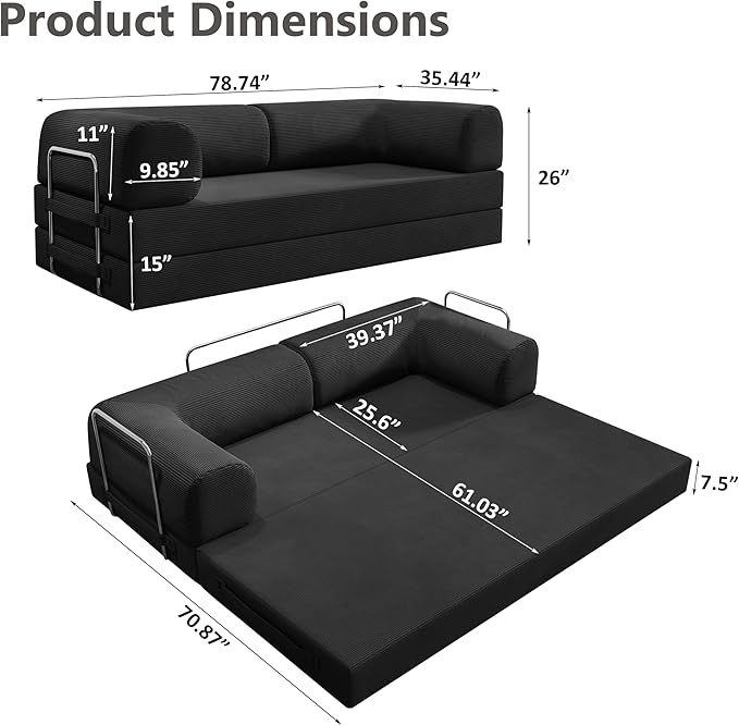 78.8 Folding Convertible Sofa Bed 4-in-1 Floor Sofa Modular Futon CouchPull Out Couch Memory Foam King Size Sofa BedNo Assembly Needed Boneless Couch for Living Room (Black)