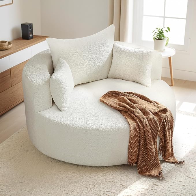 Antetek 360-Degree Swivel Accent Chair Oversized Modern Comfy Chenille Round Swivel Chaise Lounge Sofa Chair with Backrest Cushion &amp 2 Throw Pillows for Living Room Bedroom Office Beige