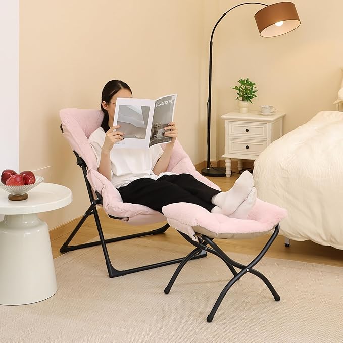 Comfy Saucer Chair for Adults Soft Faux Fur Bedroom Chair Accent Dorm Chairs Flexible Living Room Reading Chairs Oversized Folding Seat for Teens X-Large Light Pink