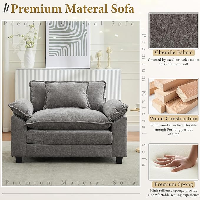 URRED Cloud Couch Accent Chair Oversized Chenille Armchair with Deep Wide Seat and Upholstered Armrests Grey – Modern Lounge Chair for Bedroom or Living Room