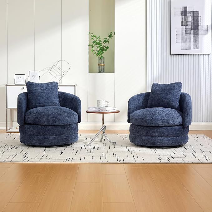 30 Modern Round Chenille Barrel Accent Chair 360° Swivel Ergonomic Comfy Upholstered with Pillow for Living Room Bedroom Reading Room Balcony Lounge Navy