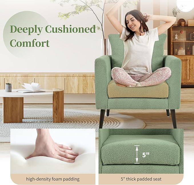 cinkehome Accent Chair for Living Room Modern Upholstered Teddy Barrel Arm Chair Large Pillow Solid Wood Legs