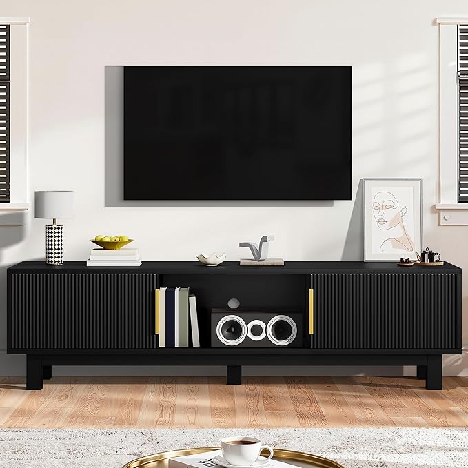 DWVO Fluted TV Stands for Living Room Entertainment Center for TVs up to 65 Inch Mid Century Modern Media Console with Power Outlets &amp Storage Compartments 59 Long TV Cabinet Black