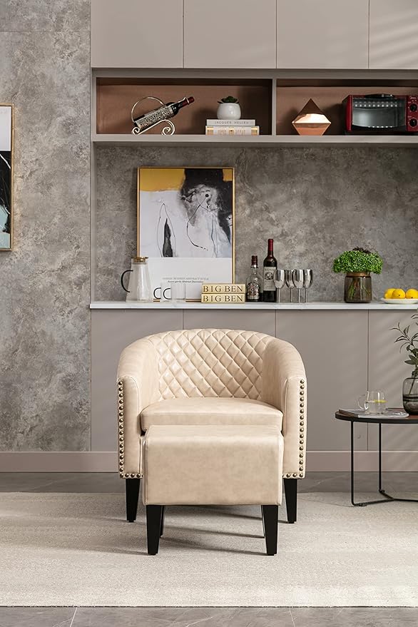 Accent Chair with Ottoman Mid Century Modern Barrel Chair Upholstered Club Tub Round Arms Chair for Living Room