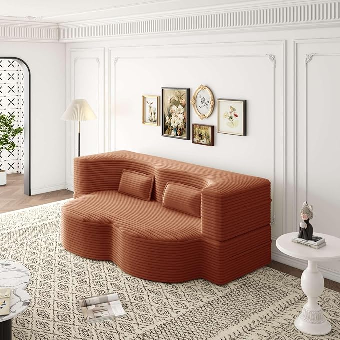 Modern 2-in-1 Convertible Sofa Bed 78 Full Size Corduroy Floor Sofa with 2 Pillows Folding Mattress Sleeper for Living Room &amp Guest Room No Assembly Required