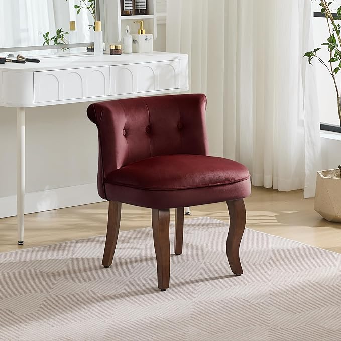 Velvet Vanity Chair with Solid Wood Legs Tufted Upholstered Vanity Stool with Back Mid Century Small Makeup Accent Chair for Bedroom Living Room Burgundy