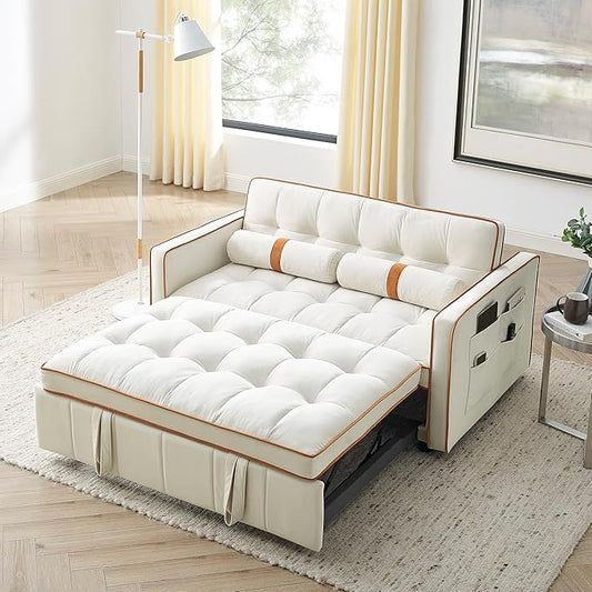 55.5 Pull Out Sleep Sofa Bed with Adjsutable Backrest Convertible Velvet Sofa Couch with Side Pockets and Lumbar Pillows 2 Seater Loveseats for Apartment Office Living Room (Beige-Side Pockets 05)