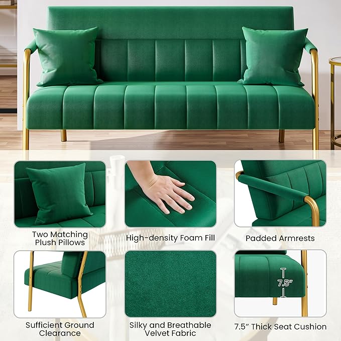 Yaheetech 56.5 W Modern Sofa Small Sofa Luxurious Velvet Fabric Couch with Gold-Tone Metal Arms and Legs for Living Room Home Office Studio Green