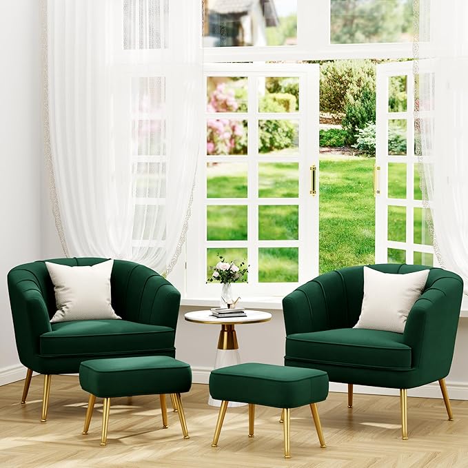 Velvet Accent Chairs with Ottoman for Living Room Bedroom Office Leisure Upholstered Single Sofa Chair Arm Chair Comfy Chair Reading Club Coffee Chair with Metal Legs Green