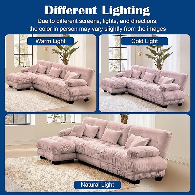 Oversized Cloud Couch Fluffy Sectional Couch for Living Room L Shaped Sofa with Movable Ottoman Chenille Pink