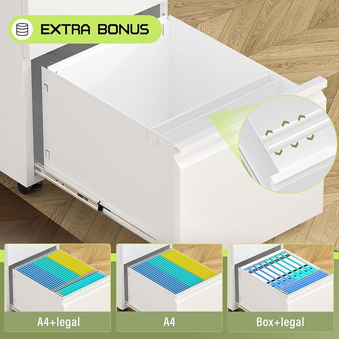 Incbruce 2 Mobile Drawer File Cabinet with Wheels Metal File Storage Cabinet with Lock Filing Cabinet Under Desk for Home Office Easy Assemble (White)