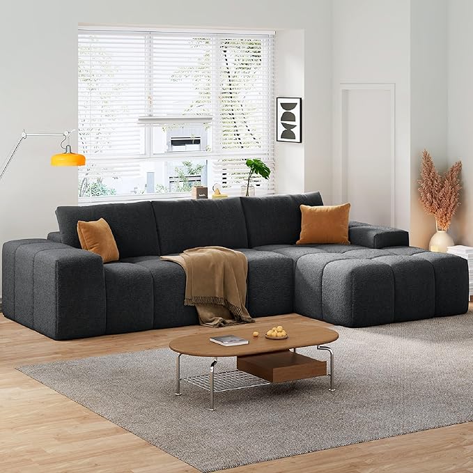 KEIKI 103 Corduroy Sectional Sofa 3-Seater L Shaped Sleeper Cloud Couch Bed Modern Upholstery Couches w/Deep Seat &amp Chaise Lounge Oversized Boneless Sofas for Living Room No Assembly Black