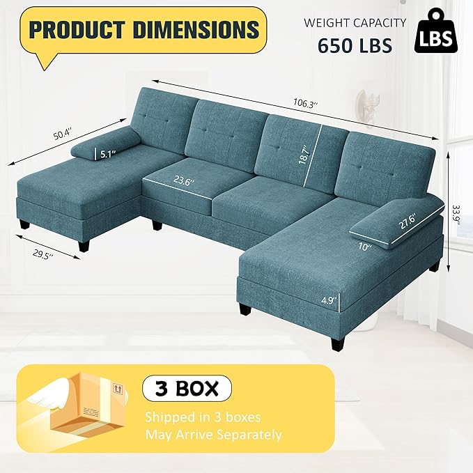 JY QAQA Sectional Couche with Soft Cushion U-Shaped Sofa with Double Chaise 4-Seat Linen Fabric Sofa Sets for Living Room Apartment Denim Blue