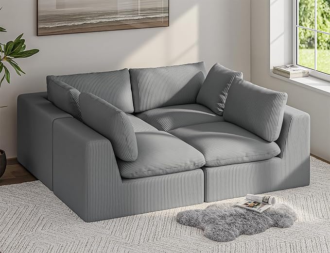 ARSURA 106” Cloud Couch for Living Room | L-Shaped Boneless Couch | Modular Sectional Couch | Corduroy Grey