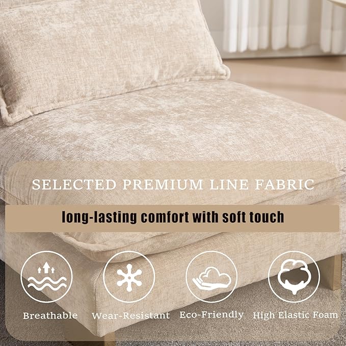 Small Modular Sofa Armless Loveseat Modern 2-Seats Mini Sofa Couch with Pillows Convertible Love Seat with Gold Legs for Small Spaces Living Room Oatmeal Chenille