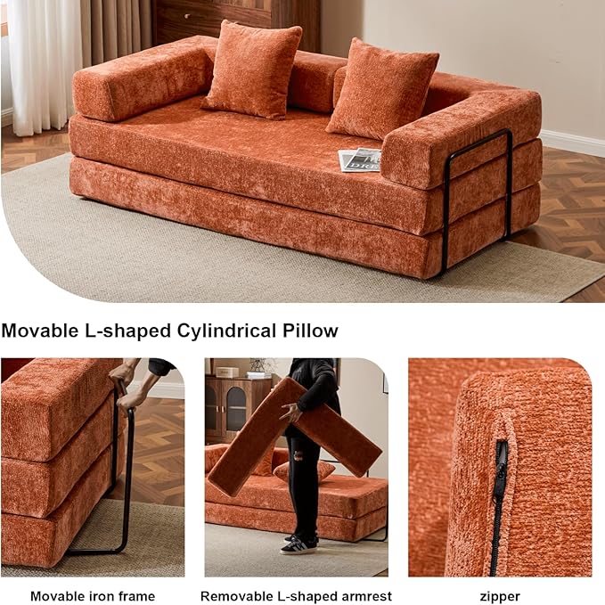Alpen 77 Convertible Sleeper Sofa Bed with Pillow - Chenille Fabric &amp High-Density Sponge &amp Fixed-Shape Frame Modular Sofa for Living Room/Lounge/Studio Orange