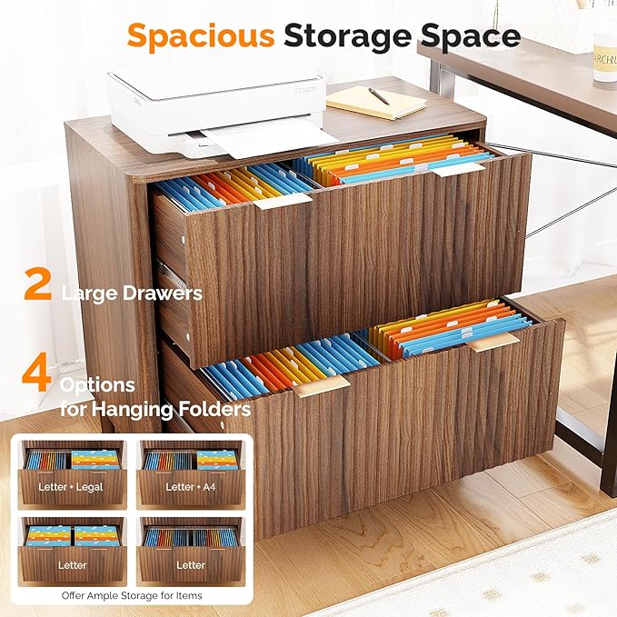 VINGLI 2 Drawer File Cabinet Home Office Filing Organizer for Letter Legal A4 Size File Folder Storage Modern Style Fluted Design Wood Lateral Filing Cabinet Printer Stand Dark Walnut