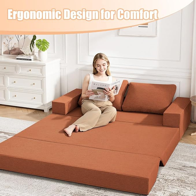 COMAX Convertible Sofa Bed Queen Corduroy Folding Floor Couch Pull Out Couch Bed Futon Sleeper with Pillows Fold Out Boneless Sofa Comfy Lounge Mattress Loveseat for Living Room Bedroom