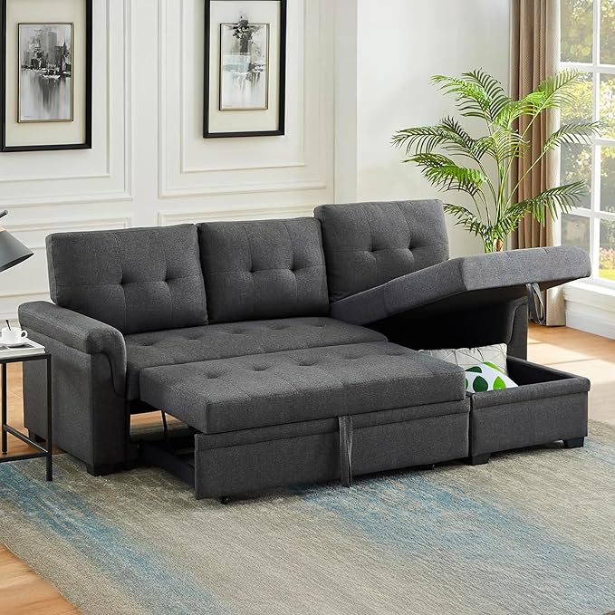 Lilola Home Convertible Sectional Sleeper Sofa Bed 84 Inch L Shaped Couch with Pull Out Bed Storage Chaise Removable Back Cushions for Living Room Office Linen Fabric Dark Gray
