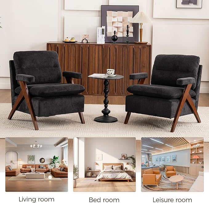 Mid Century Modern Tufted Accent Chair Set of 2 - Sturdy Upholstered Solid Wood Armchair with Breathable Fabric High-Density Cushion Non-Slip Pads for Living Room Reading Room Bedroom Black
