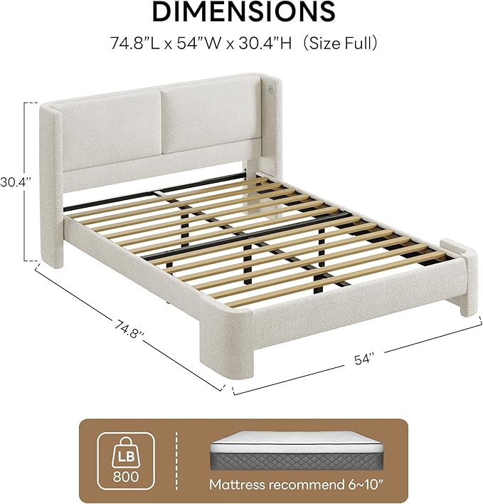 LIKIMIO Full Bed Frame with Headboard Upholstered Boucle Platform Bed with USB Ports Base Camas Full No Box Spring Needed Cream White