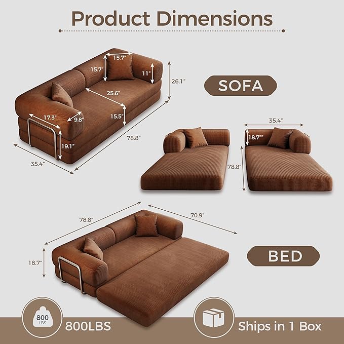 78.5'' Convertible Folding Sofa Bed – 4-in-1 Modular Floor Couch Corduroy Small Cloud Couch Compressed Foldable Sleeper Sofa King Size Futon for Bedroom Guest Room (Brown-02)