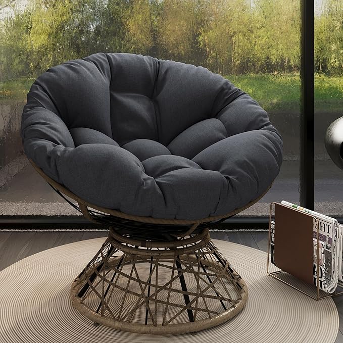 Oversized Papasan Chair with Adujusble Base Boho Reading Nook Chair with Thick Cushion for Adults Bedroom Living Room 360 Swivel (Black+Brown 40)