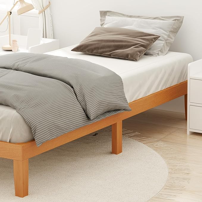 DUMOS Solid Wood Bed Frame Twin Size Bed Base with Wood Slat Support Sturdy Stylish &amp Noise-Free Design No Box Spring Needed Easy Assembly 12 in Natural Pine