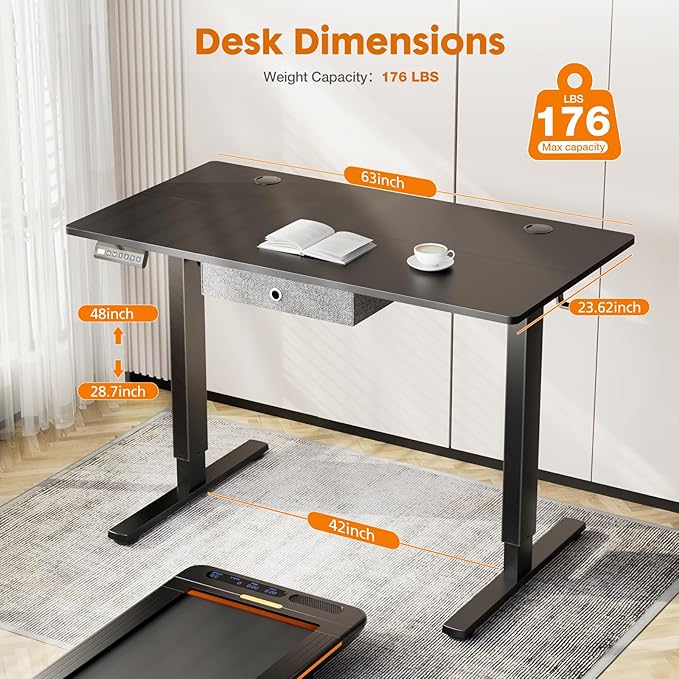 NEWBULIG Electric Standing Desk Height Adjustable Sit Stand Home Office Computer Desks with Drawer 63 x 24 Inches Black Top and Frame