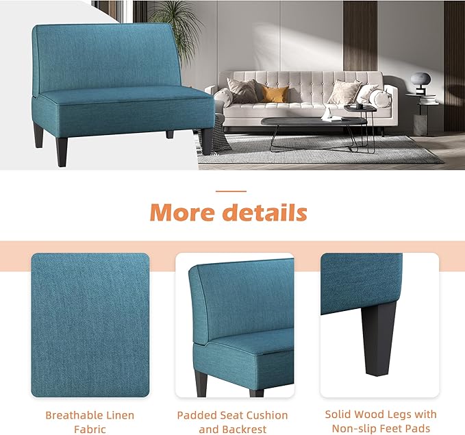 Yongqiang Small Loveseat Mini Sofa Couch Accent Upholstered Bench with Back Living Room Bedroom Office Armless Love Seat Settee Blue