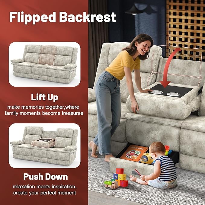 3 Seater Recliner Sofa FSC Certified Manual Reclining Couch with Flip-Up Middle Backrest &amp Drawers Modern Recliner Sofa with USB Ports 2 Cell Phone Holder for RV Home Theater