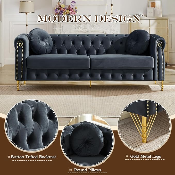 Mid Century Modern Chesterfield Couch Velvet Sofa with Button Tufted &amp Rivet Upholstered Comfy Sofa with Armrest Ring &amp Gold Leg Cozy Cloud 3-Seater Couch for Living Room(82 W Black)