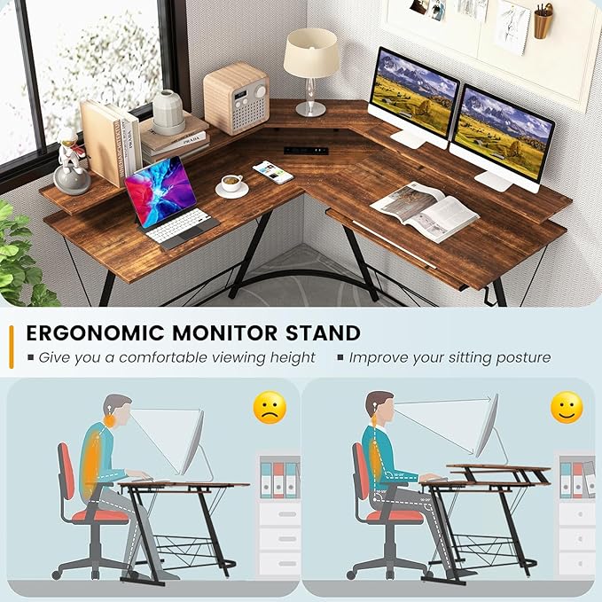 Tangkula L-Shaped Computer Desk with Power Outlet 51 Corner Computer Workstation with Monitor Stand Keyboard Tray &amp Headphone Hook Ergonomic Gaming Desk for Home Office (Rustic Brown)