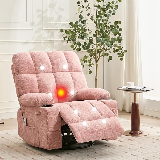 IDEALHOUSE Rocking Recliner Chair with Heat 38.5 Oversized Swivel Rocker Recliner with Massage Side Pockets &amp Cup Holders Reclining Sofa for Living Room Bedroom (Pink Linen)