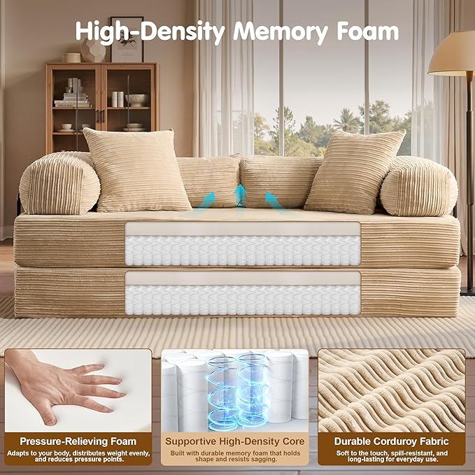81″ Convertible Sleeper Sofa Bed with Pillows Corduroy Foldable Mattress Couch with Fixed-Shape Frame Futon Sofa Bed Boneless Couch for Living Room Bedroom Lounge Studio Beige