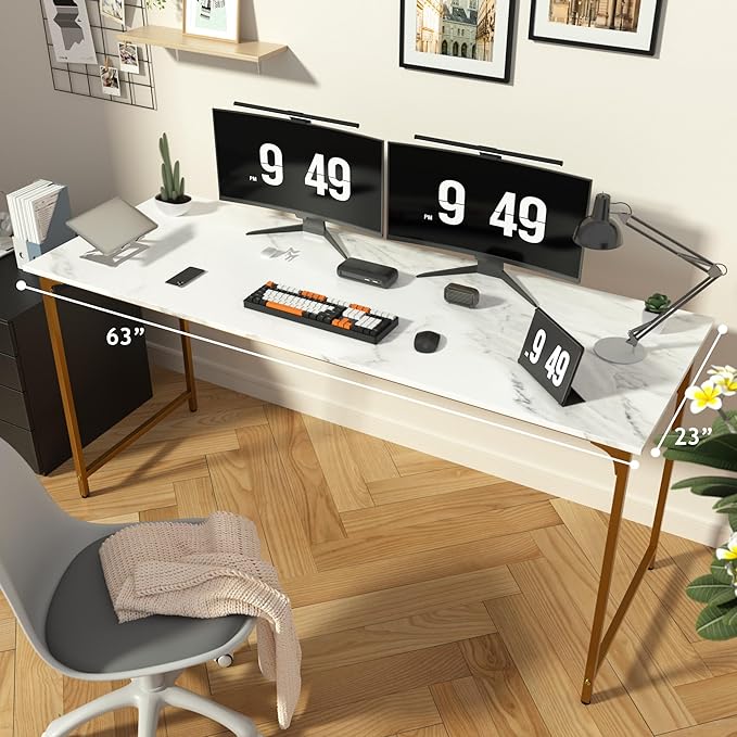 63 Inch Large Computer Gaming Desk Modern Simple Style Office Computer Table for Bedroom Writing Work Study Table with Metal Frame for Home Office Large Legroom Gold