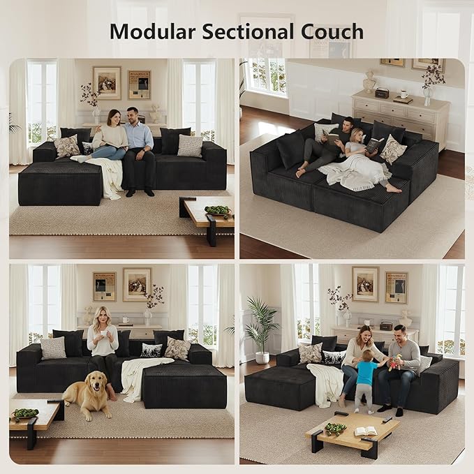 110” Sectional Couches for Living Room 3 Seat Grey Corduroy Convertible Boneless Couches Sofa Bed with Pillows Home Sofa Living Room Bedroom Memory Foam Modular Couch Daybed Lazy Floor Bed