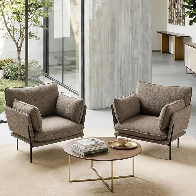 Modern Boucle Accent Chairs Set of 2 for Living Room ChairsOversized Upholstered Reading Chair Lounge Armchair with Sturdy Metal LegsComfy Single Sofa Chair for Living RoomWaiting Room（Brown）