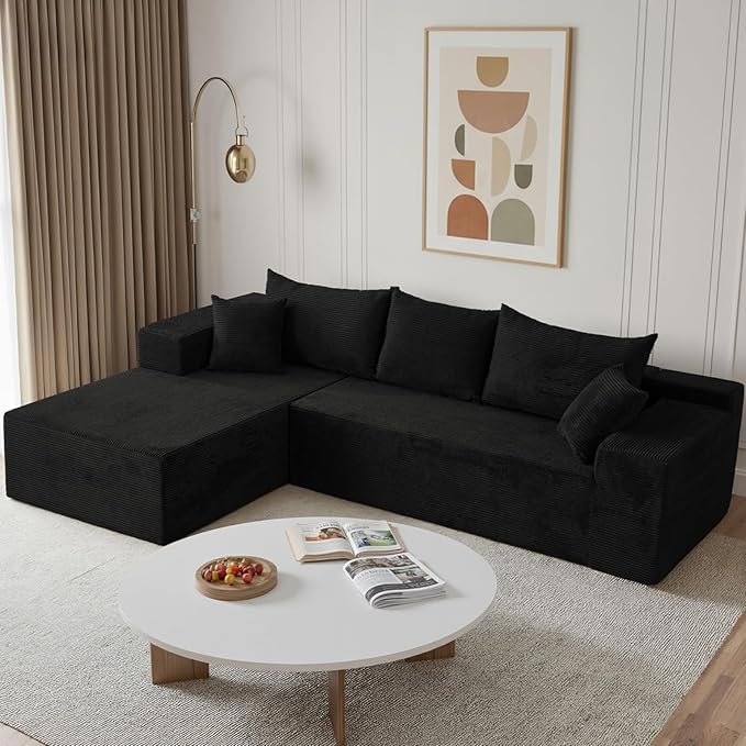 103 L Shaped Sectional Boneless Couch for Living Room Modern Modular Cloud Sofa with Left Facing Chaise Comfy Deep Seat Memory Foam Couch in Box No Assembly (1CM Wide Striped Corduroy Black)