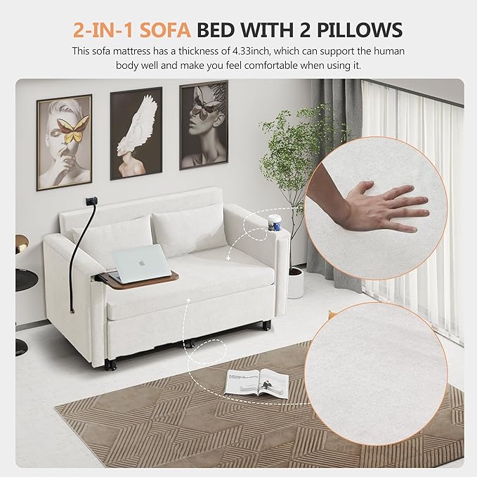 3-in-1 Convertible Sleeper Sofa Couch with Pullout Bed Loveseat Sleeper Sofa Bed with Hidden Side Table 56 Full Size Folding Futon Couch for Living Room Guest Room Apartment Home Office (Beige)