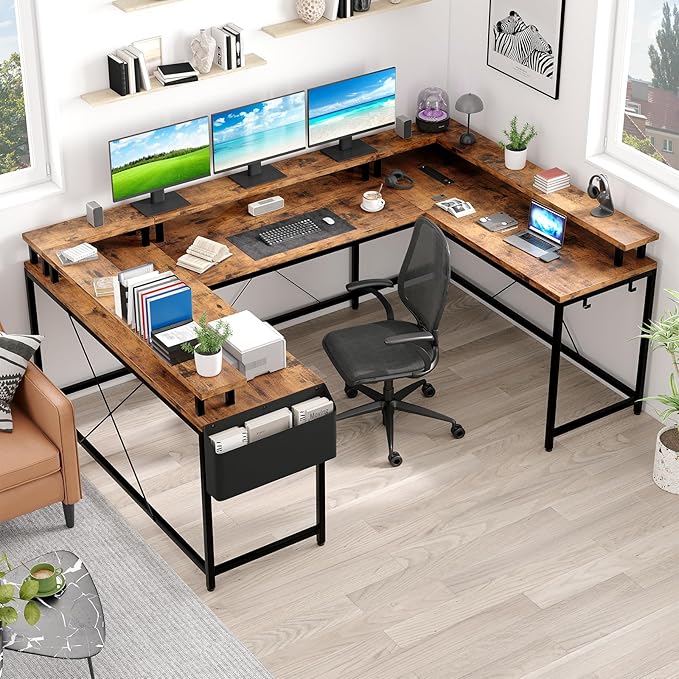 U Shaped Home Office Desk Reversible L Shaped Gaming Computer Desk With Power Outlets126 Inch Computer Desk With Monitor Stand and LED LightsStorage ShelvesStorage Bag and Hooks（Rustic Brown）