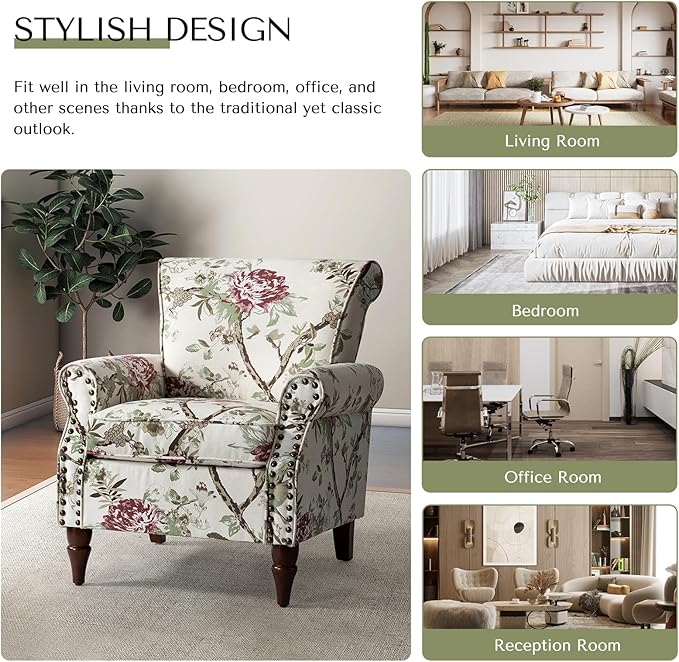 HULALA HOME Modern Wingback Accent Chair with Wood Legs &amp Removable Cushion Comfy Upholstered Armchair with Nailhead Trim Floral Pattern Sofa Chair for Bedroom Living Room Floral