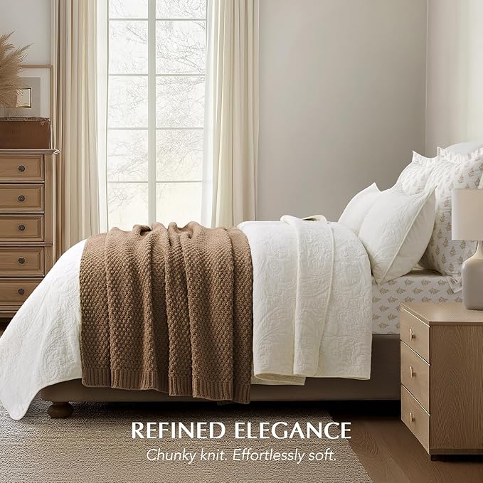 EVERGRACEHOME Chunky Chenille Knit Throw Blanket for Couch Soft Luxurious Moss Stitch Blankets for Bed Cozy Decorative Farmhouse Knitted Throws for Sofa Camel Brown 60 x 80