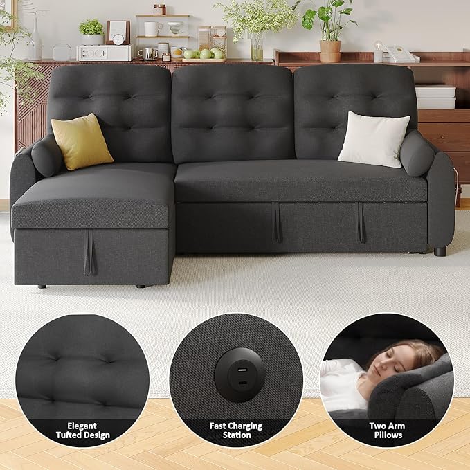 Ucloveria Sleeper Sofa Bed 86 Convertible Sectional Sofa Couches for Living Room Pull Out Couch Bed with Reversible Storage Chaise | USB Ports | Side Pockets | Removable Backrest