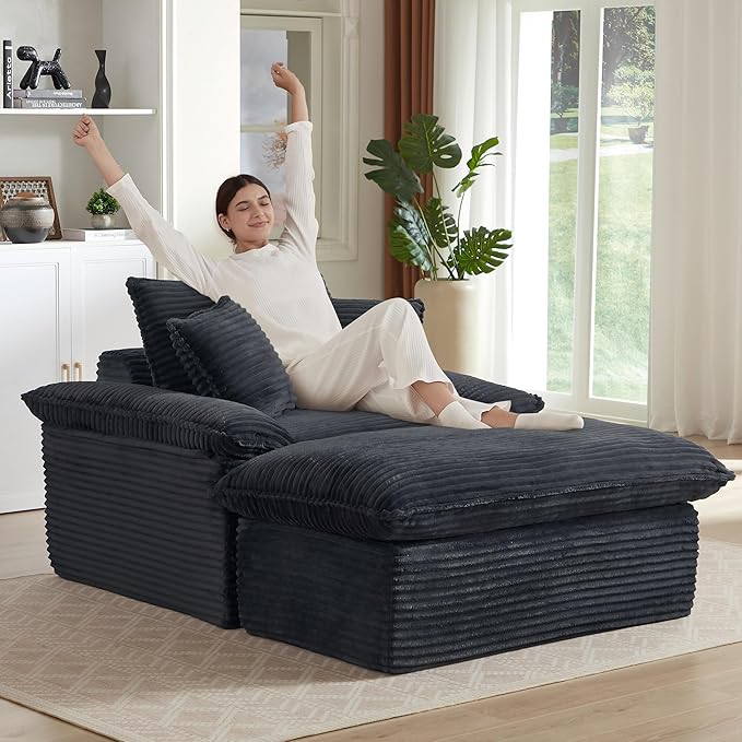 70 Inch Corduroy Chaise Lounge Indoor - Oversized Convertible Sofa with Ottoman &amp Throw PillowsNo Assembly for Living Room &amp Small SpacesDark Grey